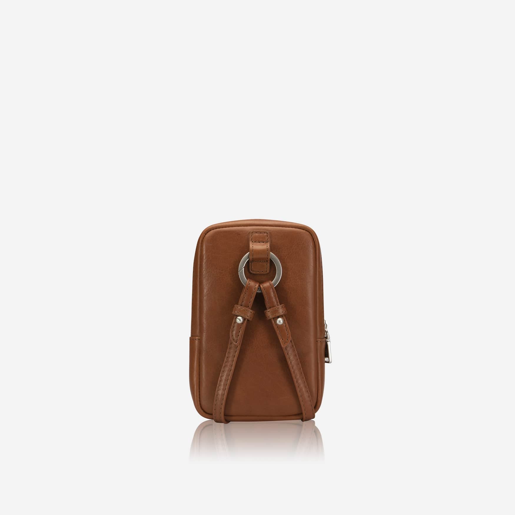 Jekyll and Hide tan leather phone sling bag, rear view with strap rings