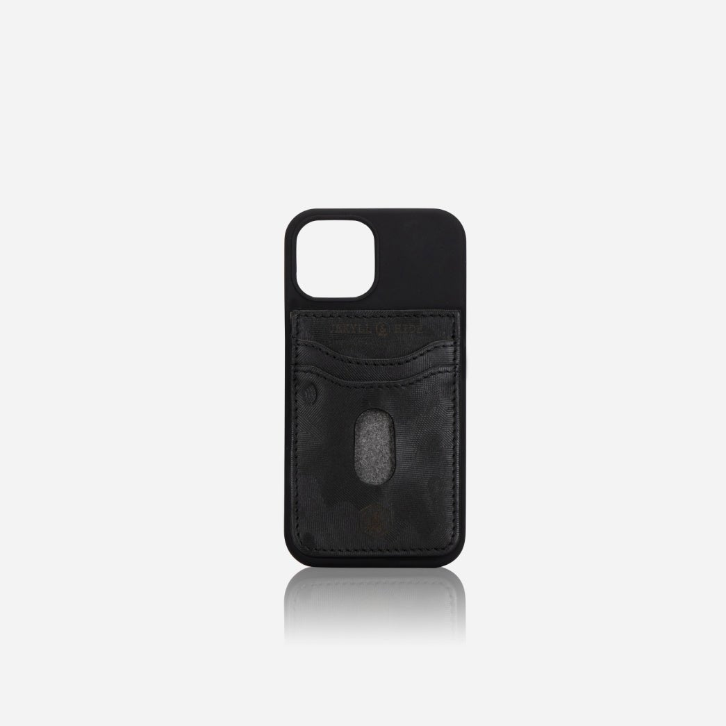 Jekyll and Hide black camo leather stick-on phone card holder on a phone, front view with thumb cutout