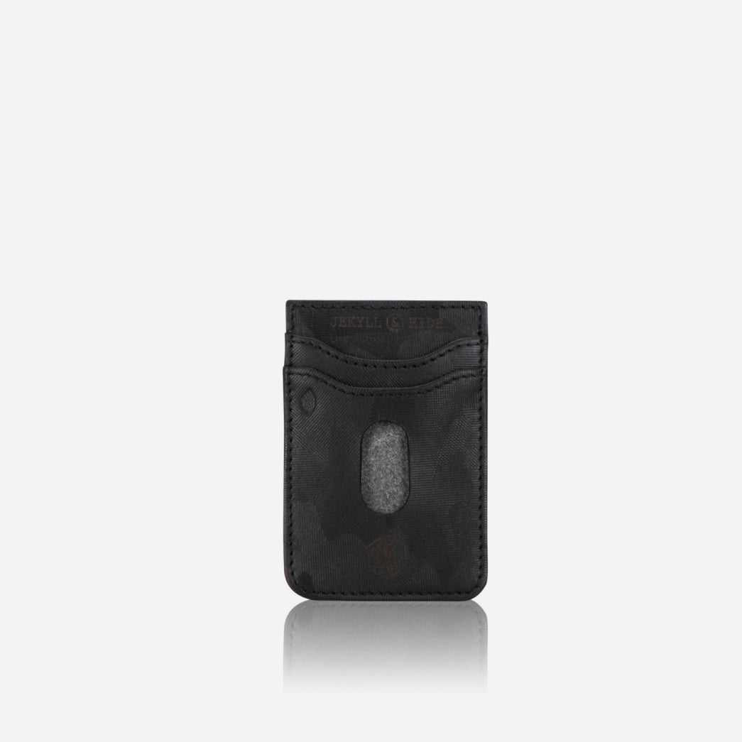 Jekyll and Hide black camo leather stick-on phone card holder, front view with thumb cutout