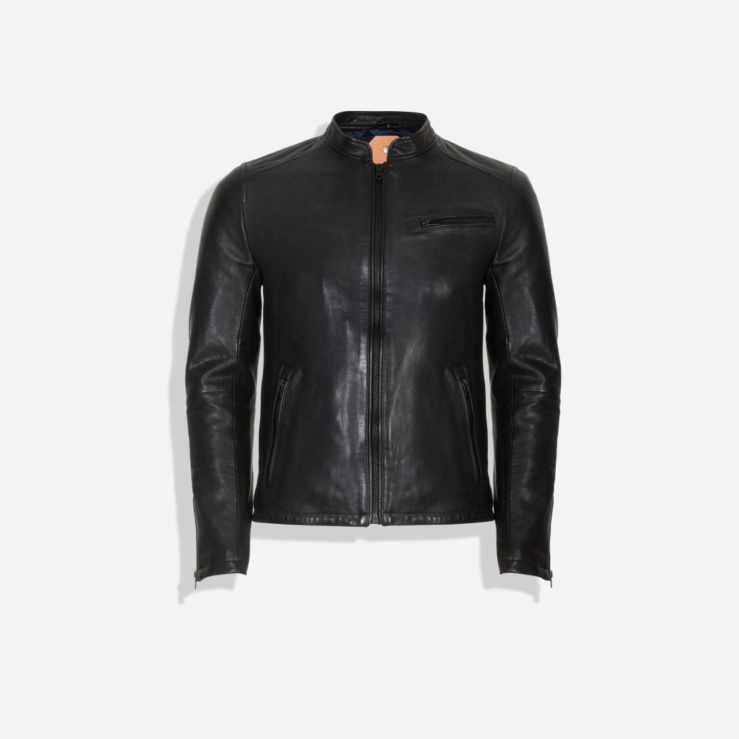 Mandarin Collar Leather Jacket, Black