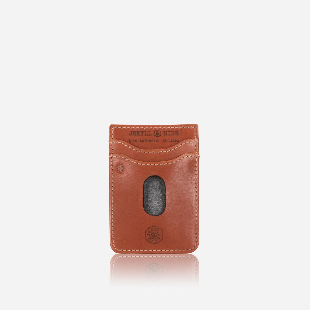 Jekyll and Hide tan leather stick-on phone card holder, front view with thumb cutout